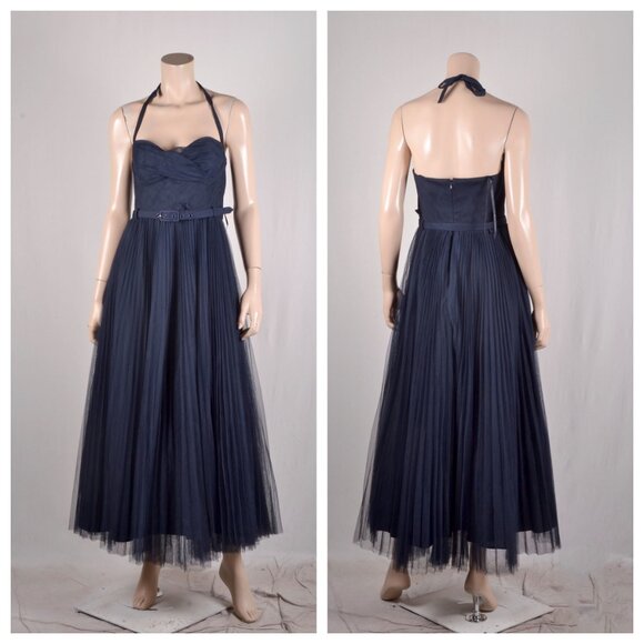 HUTCH Rumor Sweetheart Halter Pleated Tulle Midi Dress Navy - Picture 2 of 2